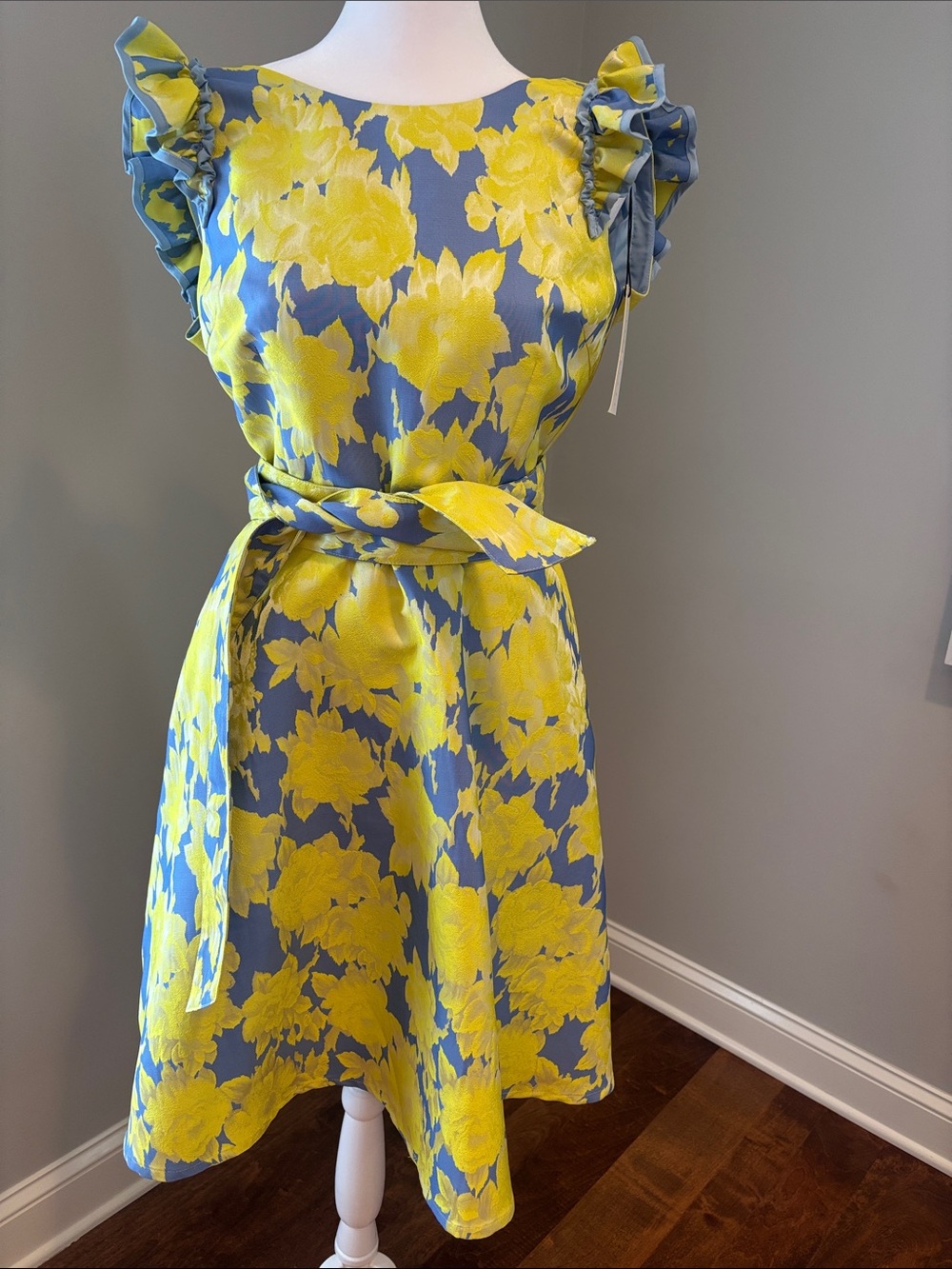 Yellow Floral Ruffle-Sleeve Midi Dress with Self-Tie Waist